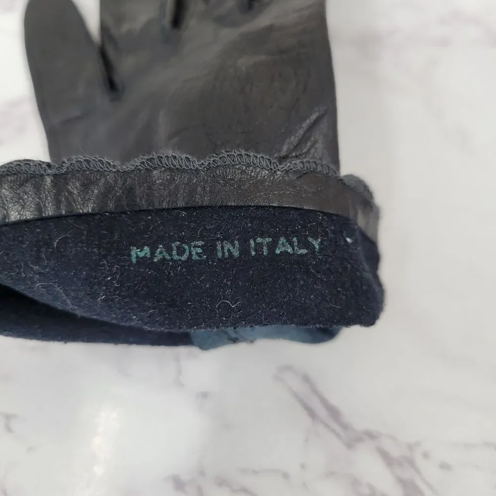 Vintage Italian Short Black Leather Gloves with Scalloped Cuff Dress Driving